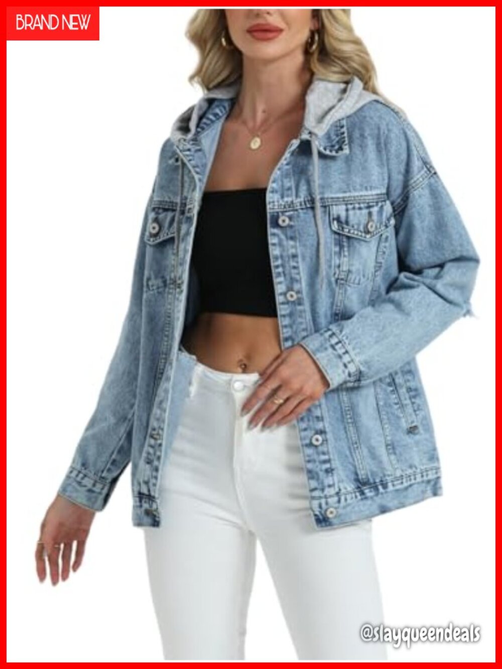 Oversized Distressed Denim Trucker Jacket Hooded Loose Fit Women